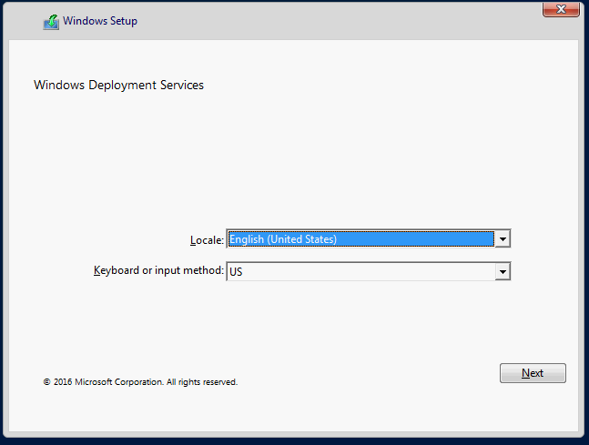 windows setup screen showing a windows deployment services message, indicating a successful boot