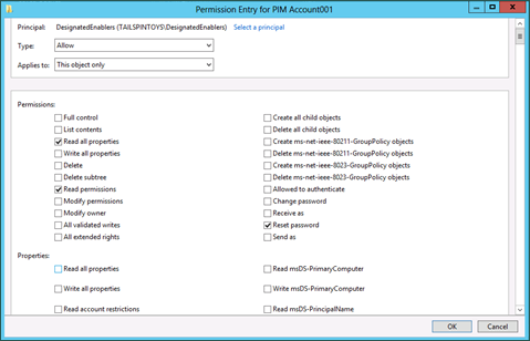 Screenshot that shows the Read all properties, Read permissions, and Reset password options.