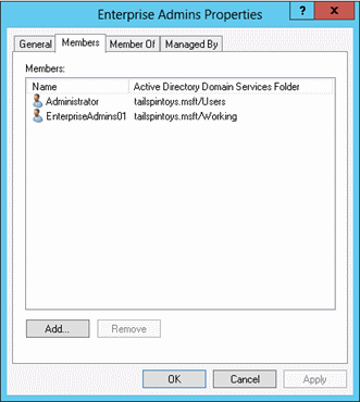 Screenshot that shows the Members tab within the Enterprise Admins group.
