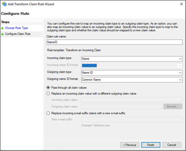 Screenshot of the Configure Rule page of the Add Transform Claim Rule Wizard showing the configuration explained above.