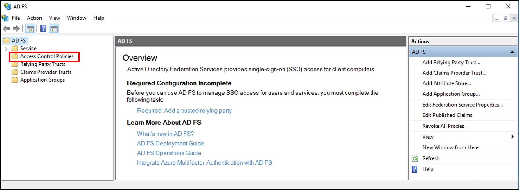 Screenshot that highlights Access Control Policies in the console tree.