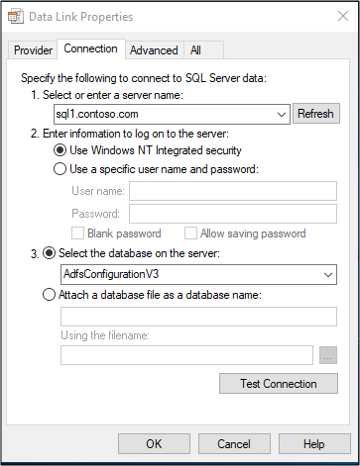 Screenshot that shows the Connection dialog.