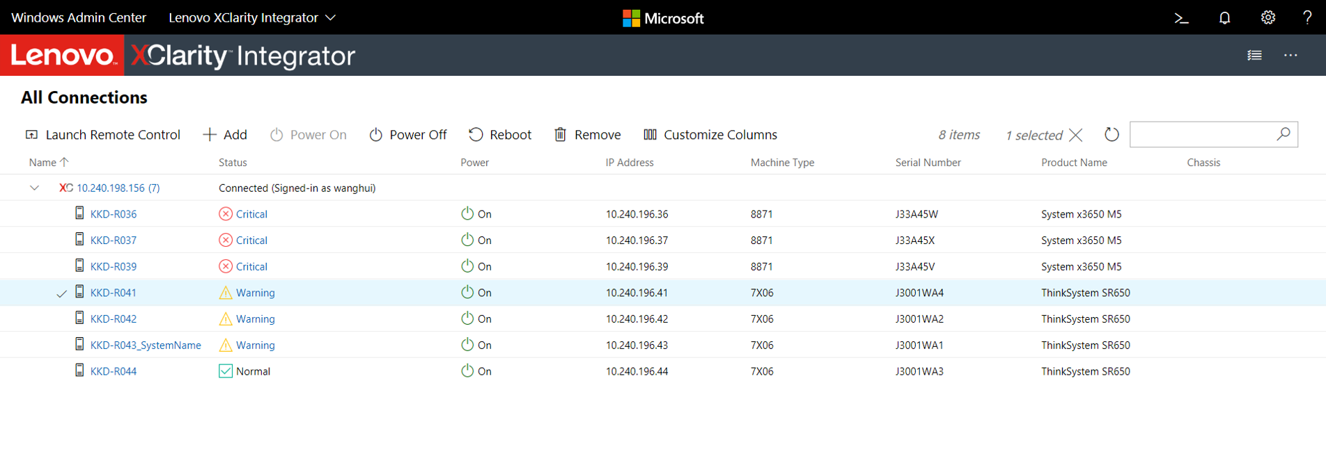 Screenshot of the Lenovo XClarity Integrator extension in Windows Admin Center showing the overall health status for all added nodes.