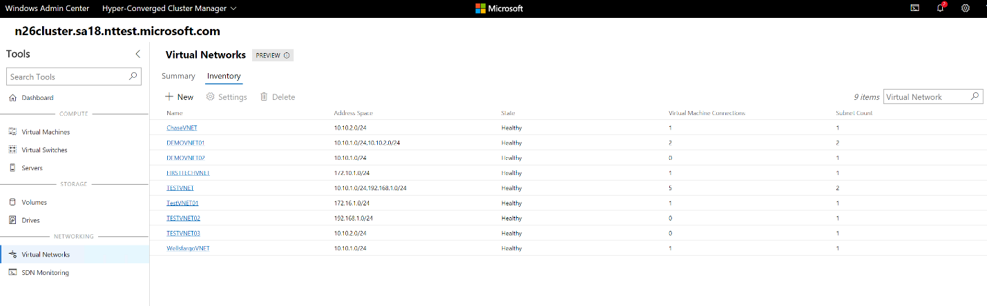 Screenshot of the Virtual Networks pane.