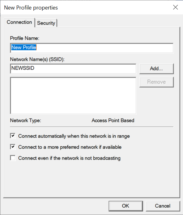 Screenshot showing the New Profile properties dialog.