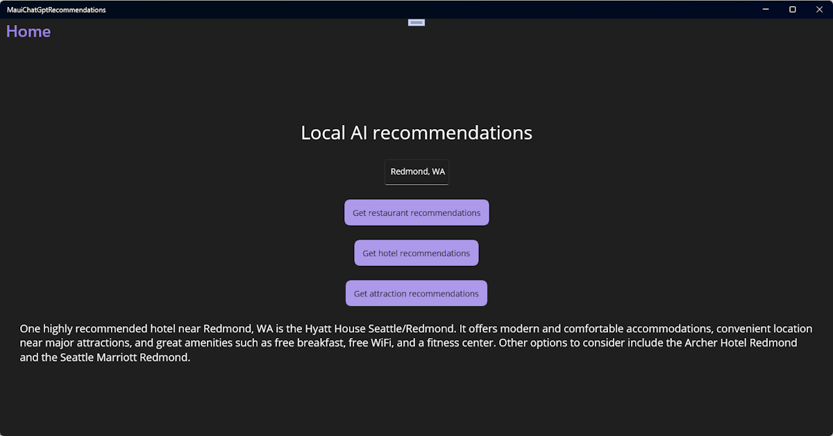 Windows .NET MAUI app with the UI for providing recommendations and results from ChatGPT.