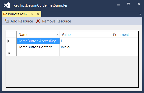 Specify the AccessKey property specified in the resources.resw file