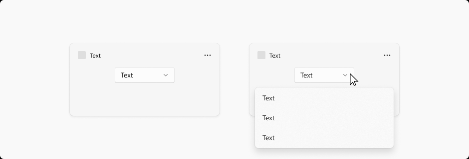 Two images of widgets that illustrate dropdown menus. In the left image the dropdown menu is collapsed. In the right image the dropdown is expanded and extends over the border of the widget