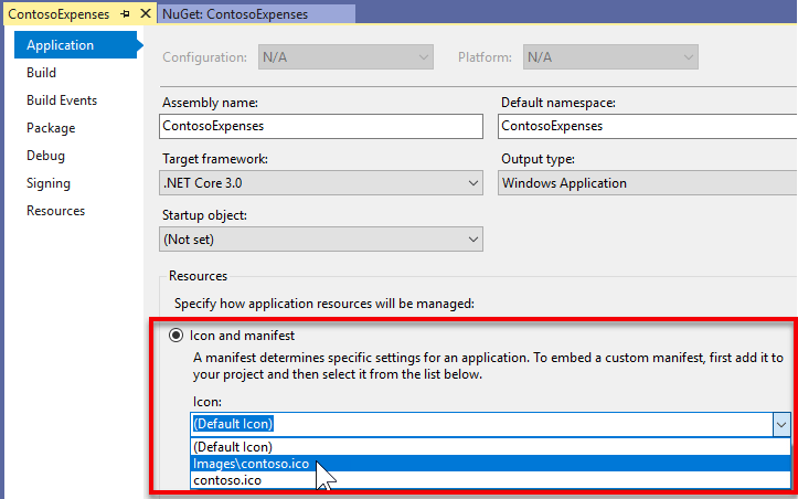 Contoso icon in the Project's Properties