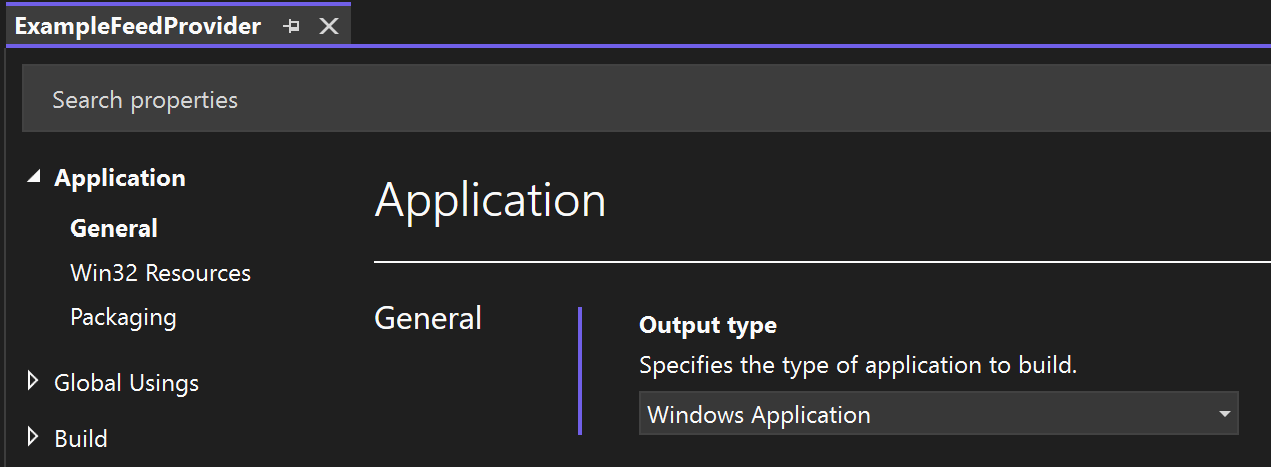 A screenshot showing the C++ feed provider project properties with the output type set to Windows Application