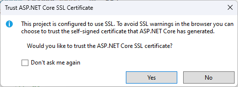 A screenshot of a dialog askng the user if they want to trust a certificate