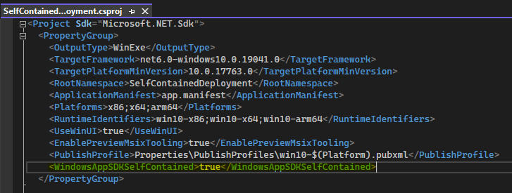 Screenshot showing the WindowsAppSDKSelfContained property set in a project file.