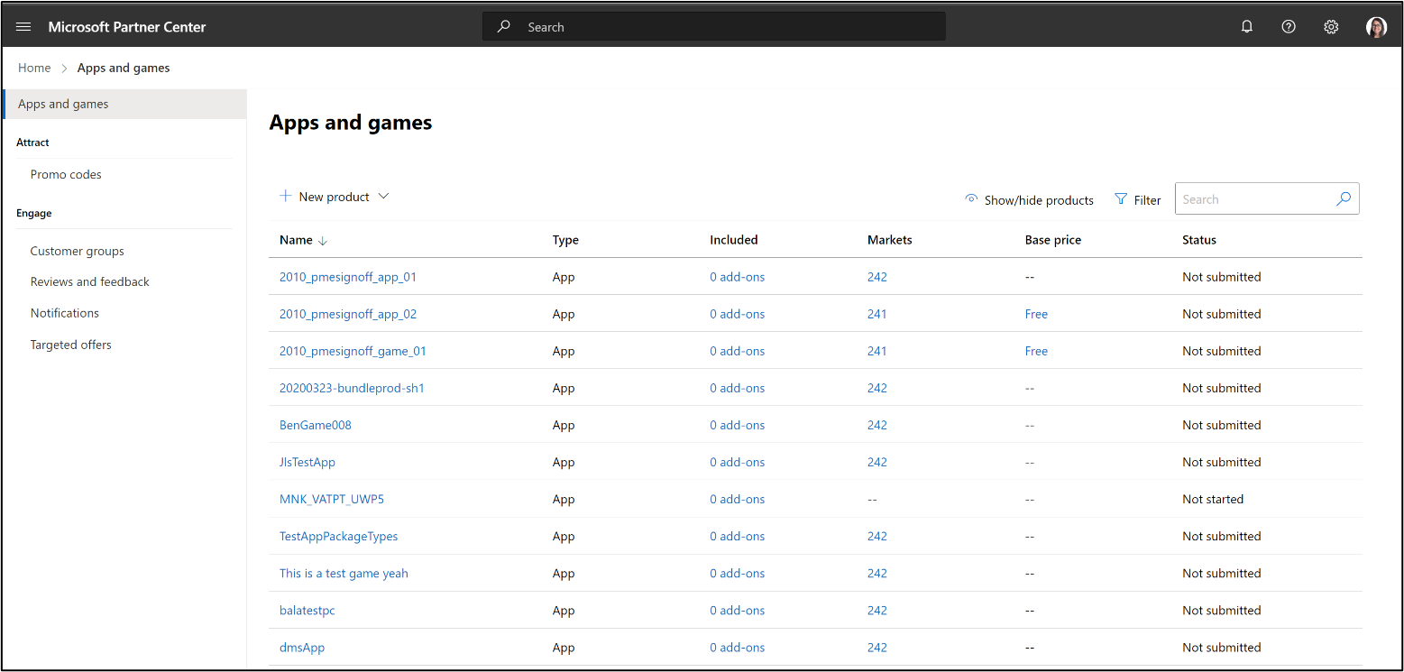 Partner Center Apps and games page
