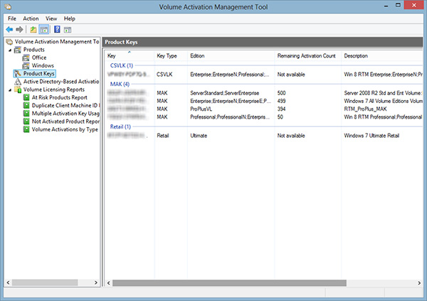 VAMT showing key types and usage.