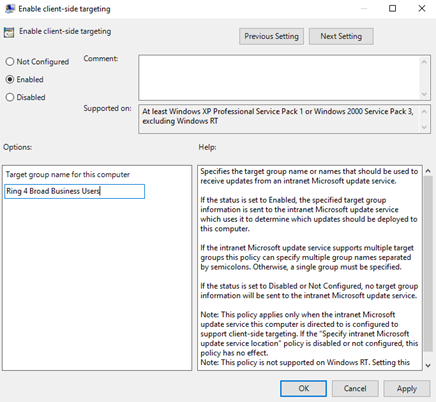 Enter the WSUS deployment ring name.