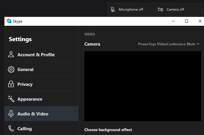 Video Conference Mute har valts som källa i Skype