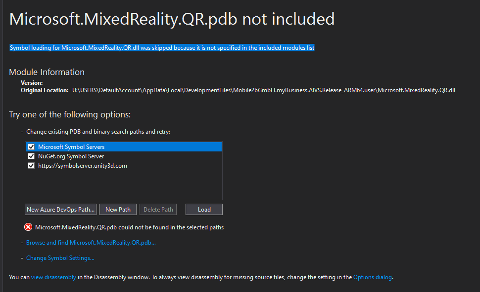 Felmeddelandet Microsoft.MixedReality.QR.pdb hittades inte