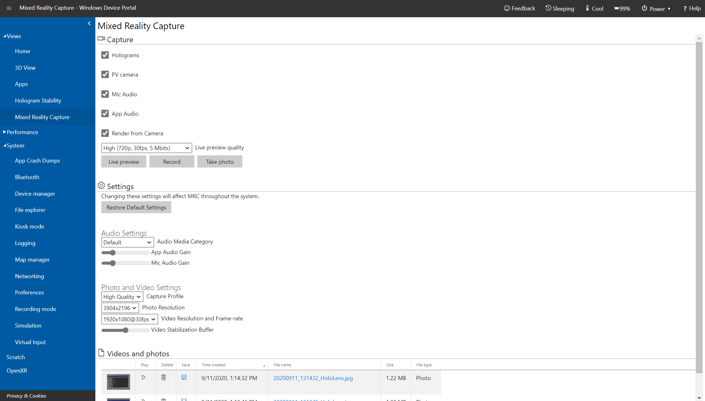 Mixed Reality Capture-sidan i Windows-enhetsportalen på Microsoft HoloLens