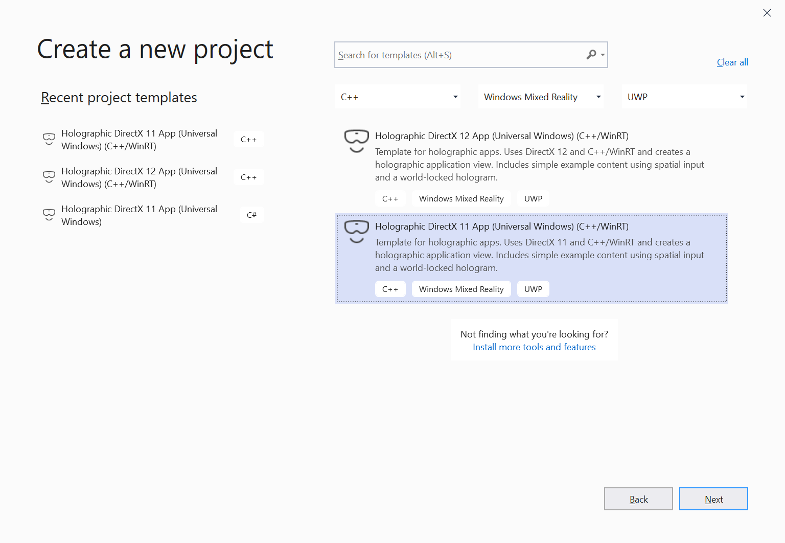 Skärmbild av projektmallen Holographic DirectX 11 C++/WinRT UWP-app i Visual Studio 2019