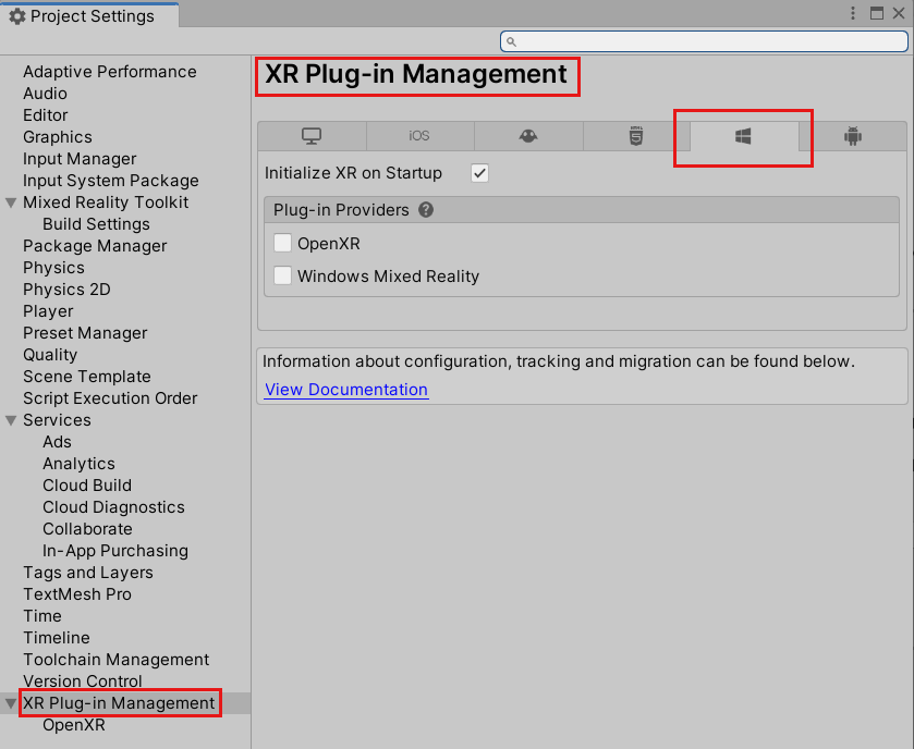 Skärmbild av fönstret Projektinställningar som är öppet på hanteringssidan för XR-plugin-programmet och fliken Universell Windows-plattform.