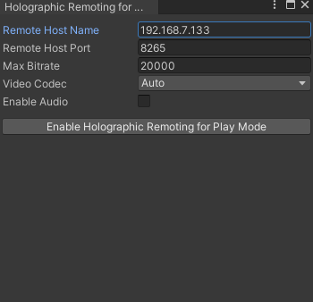 Skärmbild av fönstret Holographic Remoting for Play Mode (Holographic Remoting for Play Mode).