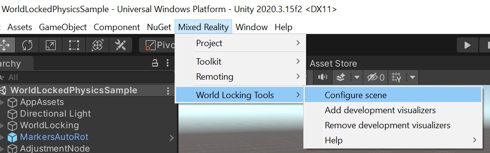 Unity-redigeraren med Mixed Reality Toolkit-menyn vald