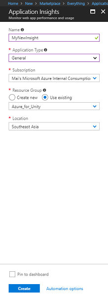 Skärmbild av Application Insights-fönstret. Namn och programtyp är markerade.