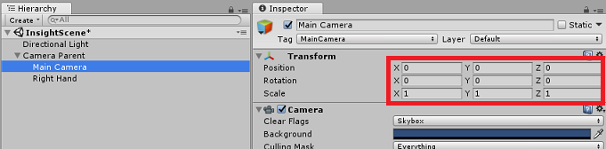 Skärmbild av hierarkipanelen med Main Camera valt, Transformeringsinställningar är markerade i panelen Kontroll.