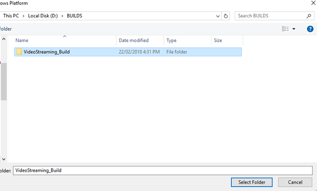 Skärmbild av mappen Video Streaming Build markerad.