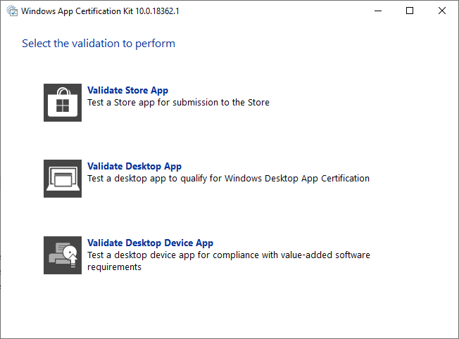 Skärmbild av appen som väljs för validering i Certifieringspaket för Windows-appar