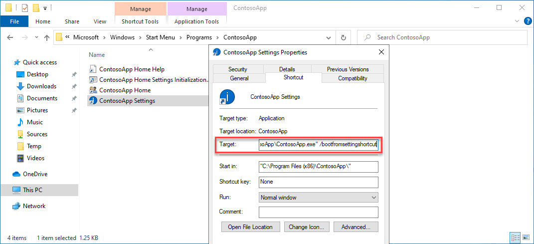 Example of the File Property Window with Parameter in Target