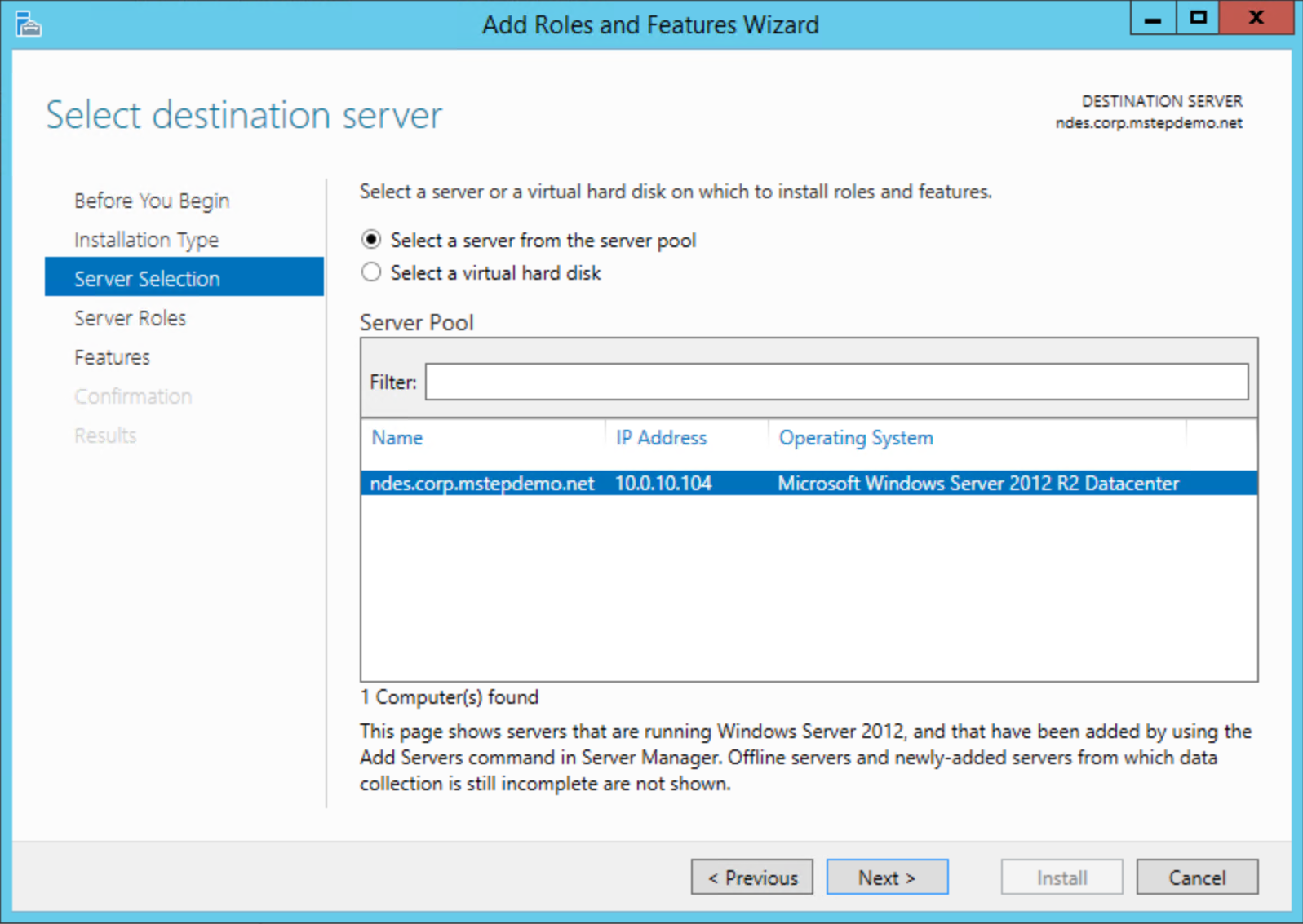 Server Manager destination server.