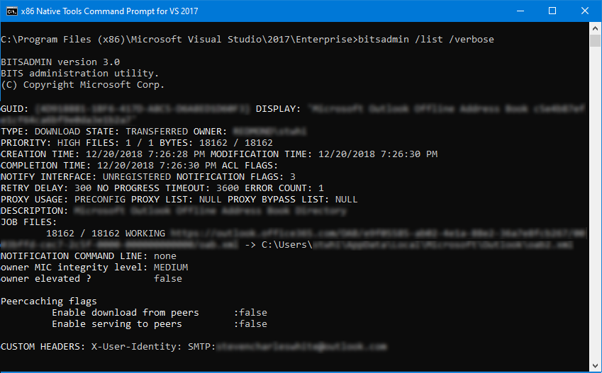 Sample output for the bitsadmin /list /verbose command