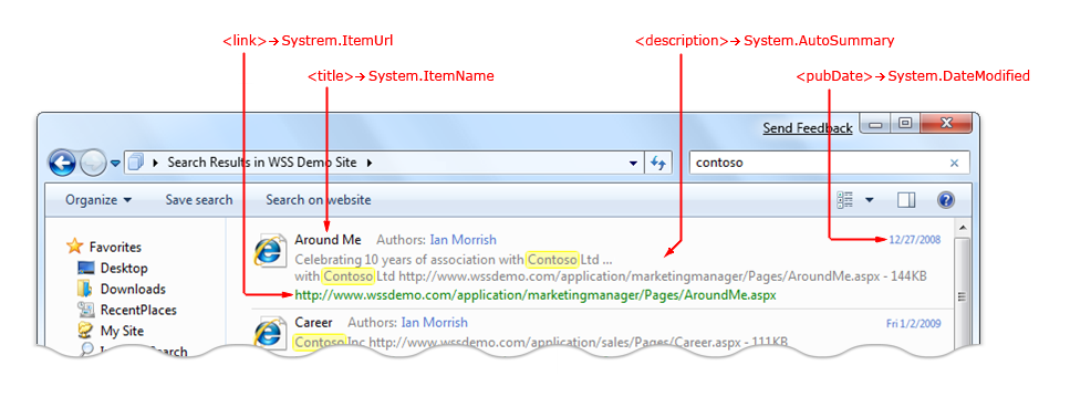 screen shot showing built-in rss-to-windows-shell property mappings