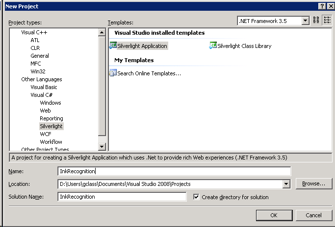 c# silverlight project selected, with the name inkrecognition