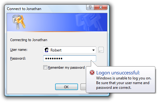 screen shot of a balloon: logon unsuccessful