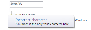 Screenshot that shows a balloon indicating an incorrect character.