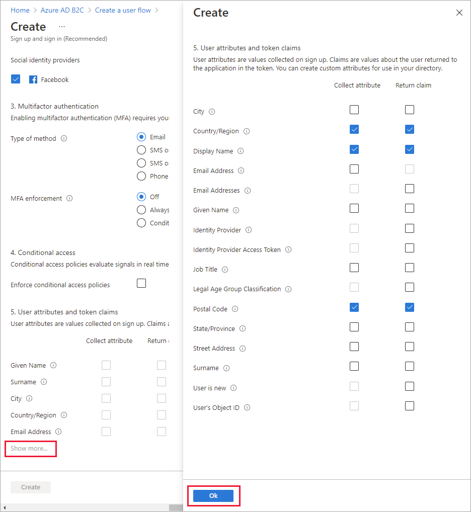 Attributes and claims selection page with three claims selected