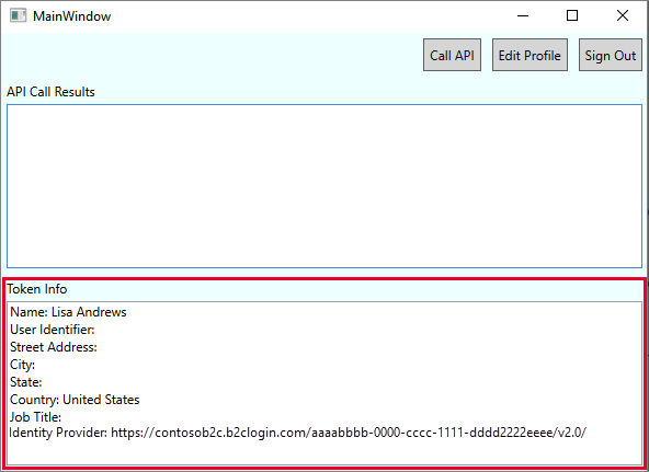 Screenshot highlighting the Azure AD B2C access token and user ID.