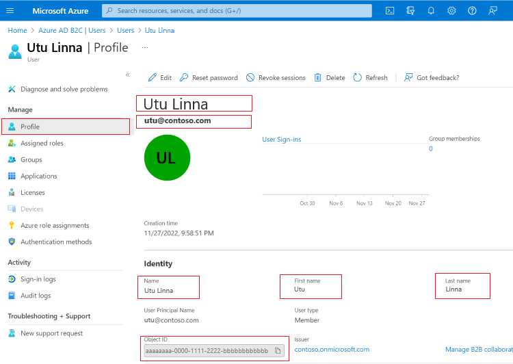 A screenshot of creating a user account in Azure AD.