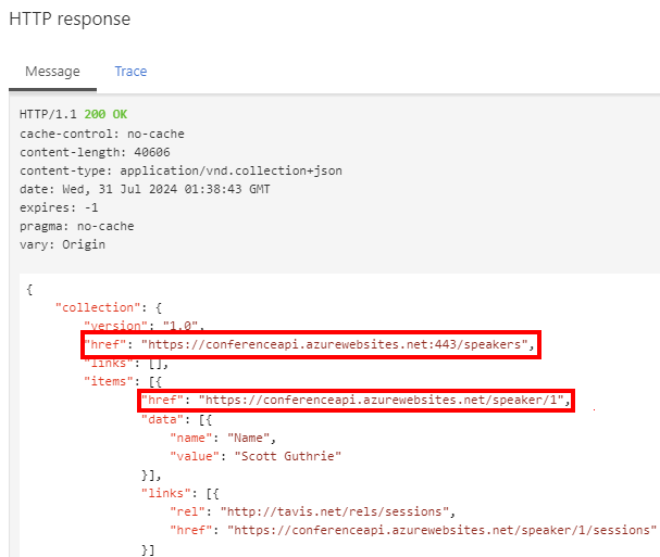 Screenshot showing original outbound response in test console in the portal.