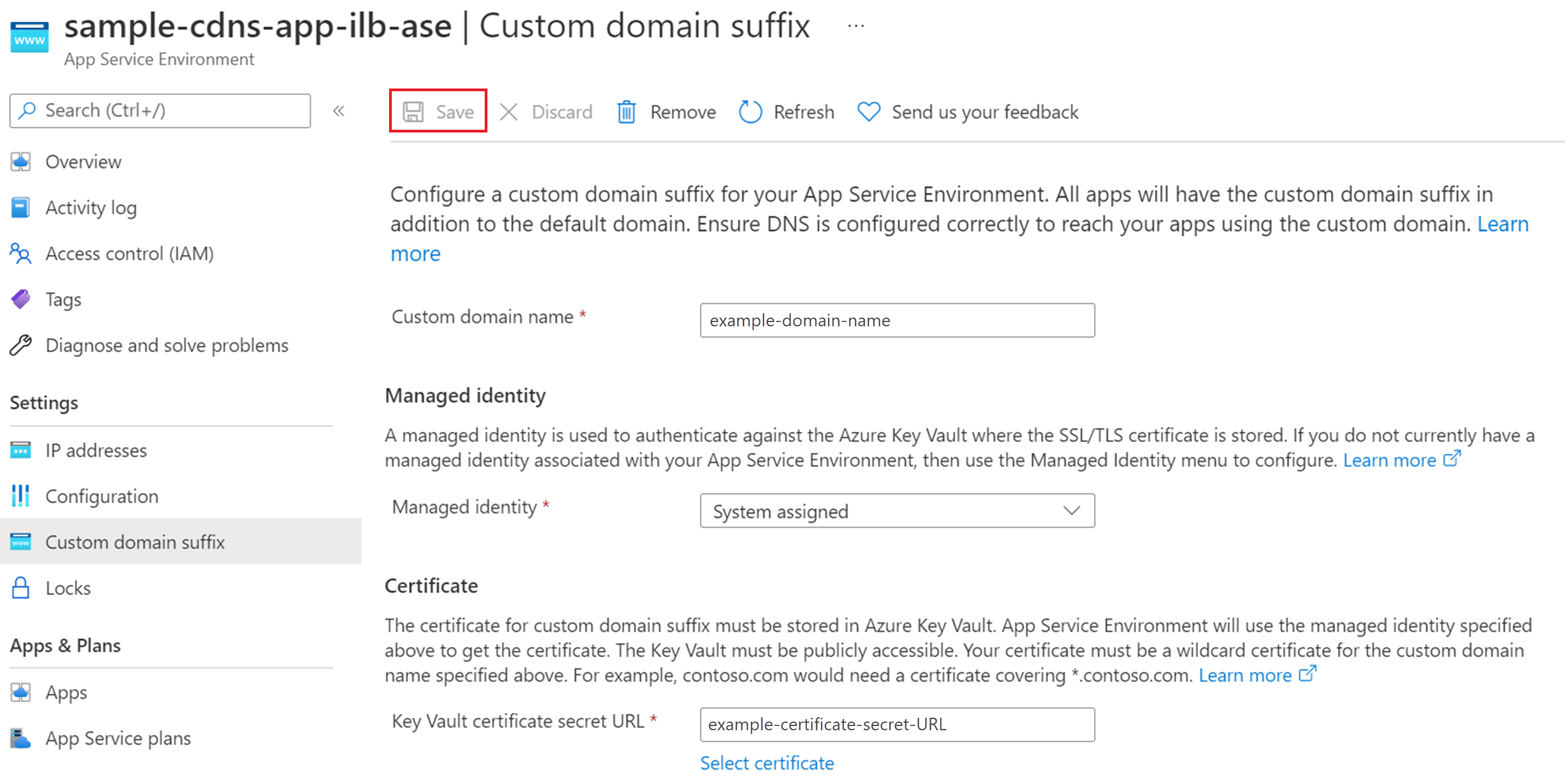 Screenshot of an overview of the custom domain suffix portal experience.