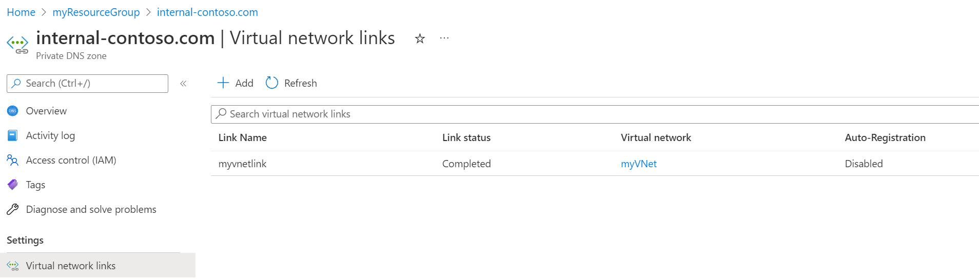 Screenshot of a sample virtual network link for private DNS zone.