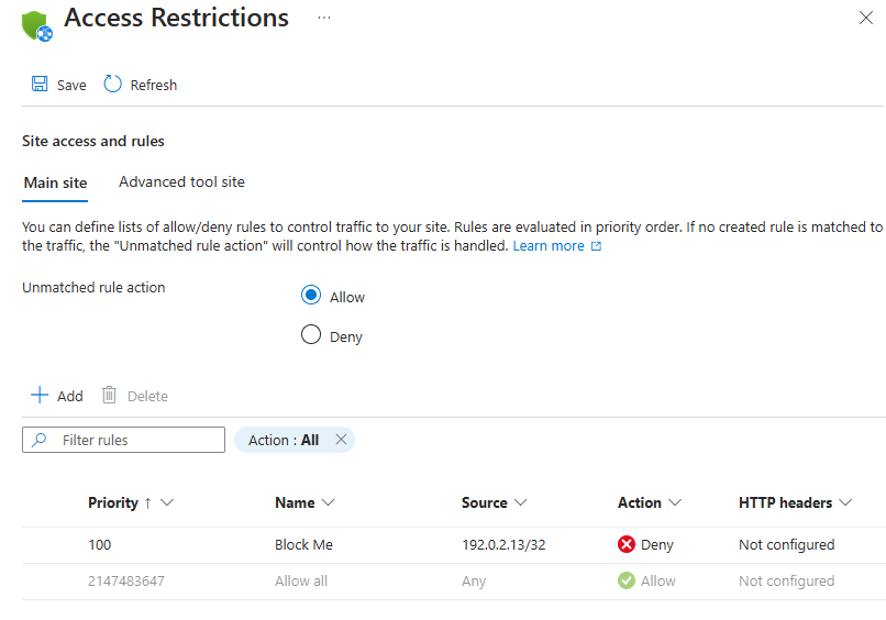 Screenshot of the 'Access Restrictions' page in the Azure portal, showing a single blocked IP address.