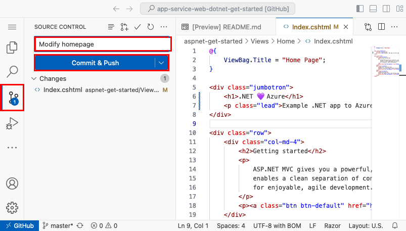 Screenshot of Visual Studio Code in the browser, Source Control panel with a commit message of 'We love Azure' and the Commit and Push button highlighted.