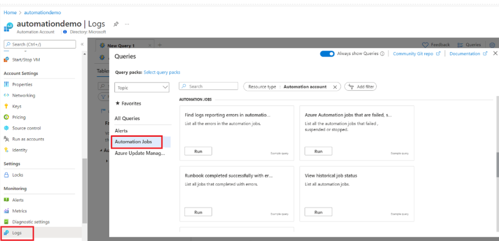 Screenshot showing how to navigate to select Automation jobs.