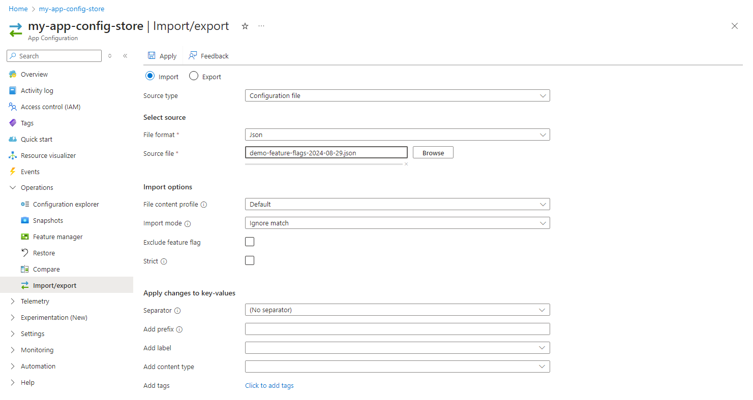 Screenshot of the Azure portal, importing a file.