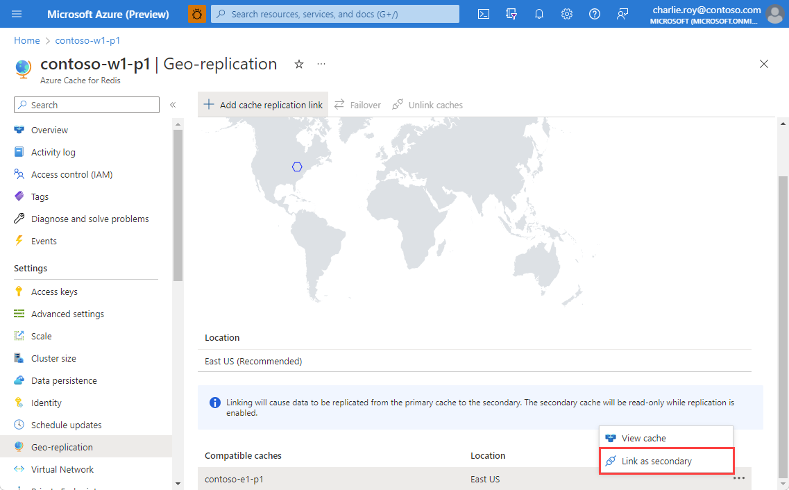 Screenshot showing the Geo-replication context menu.