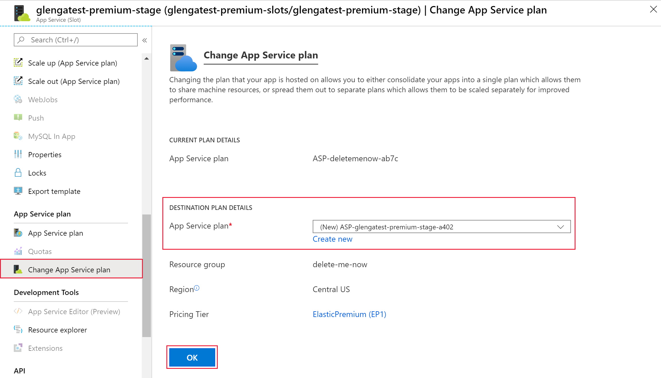 Change the App Service plan in the Azure portal.