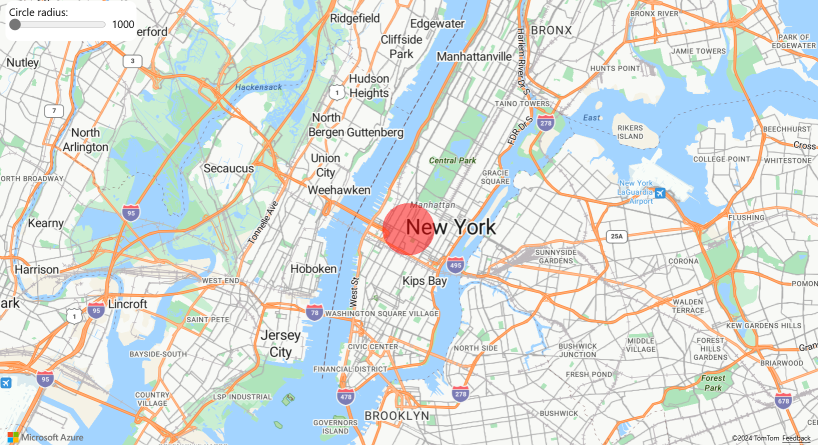 A screenshot of a map showing a red circle in New York City with a slider bar titled Circle Radius and as you slide the bar to the right or left, the value of the radius changes and the circle size adjusts automatically on the map.